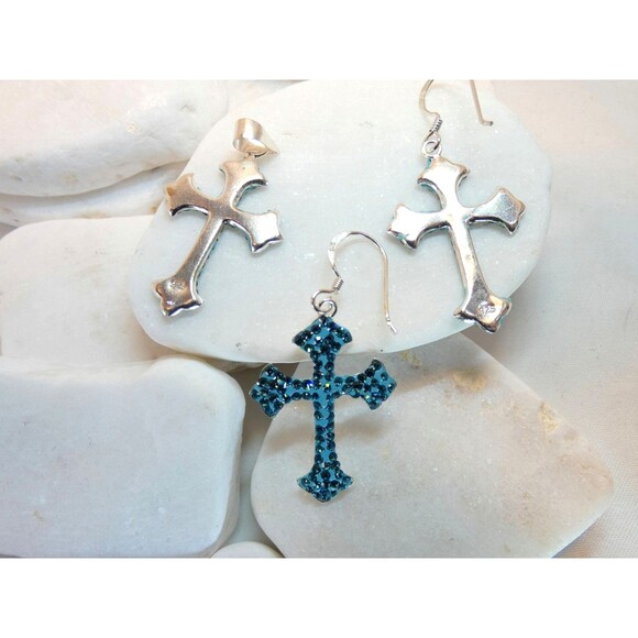 VTG Sterling Silver 925 Blue Rhinestone Cross Pendant Earring Set Light Weight - Picture 5 of 5